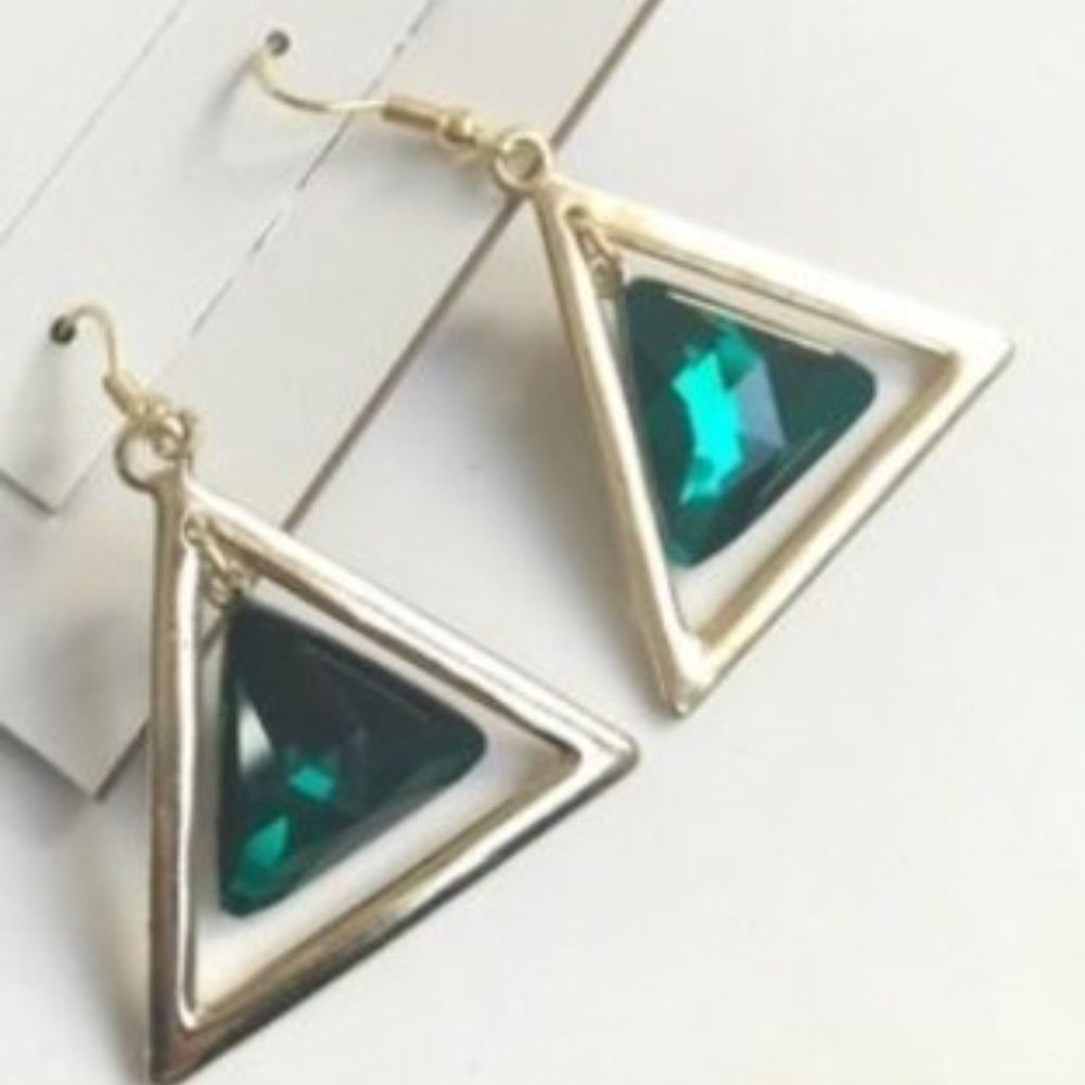 Mystique gold tone triangle drop earring with emerald stone